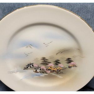 VTG Japanese Hand-Painted Plates Pagodas Mt. Fuji Harbor Scene 18K Gold Set Of 6